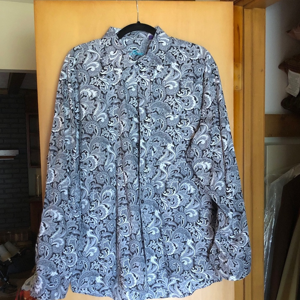 Alan Flusser Paisley Print Long-Sleeve Shirt in Black Gray & White size XL